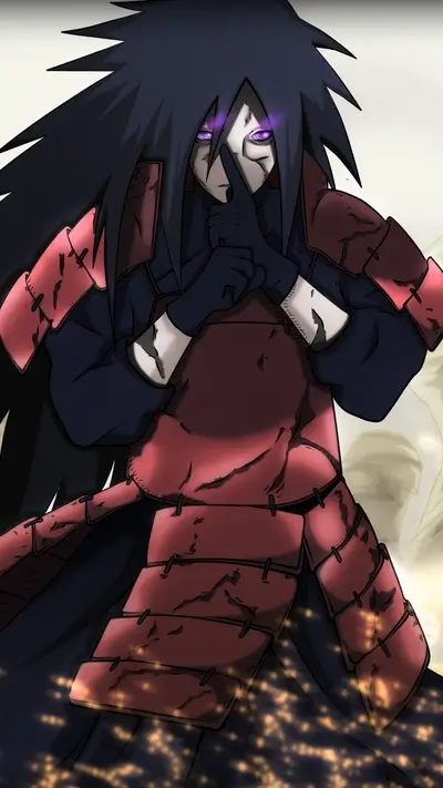 A powerful figure with purple eyes, dark hair, and red armor