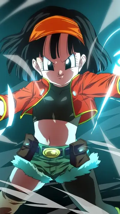 A powerful girl with orange headband, red jacket, and glowing energy