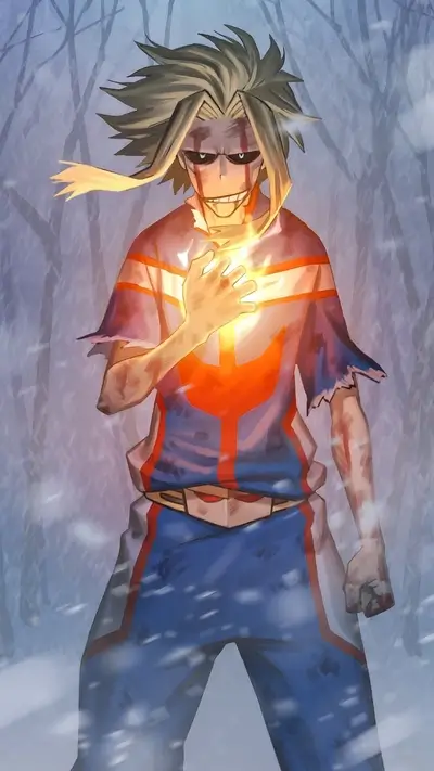 A powerful hero stands in a snowy forest, glowing