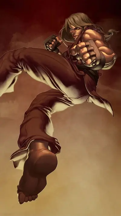 A powerful kick in mid-air, brown clothing, intense expression