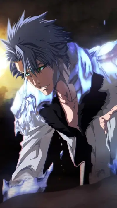 A powerful male character with light blue hair and a determined expression