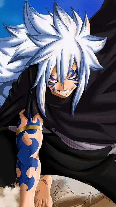 A powerful male character with spiky white hair and blue tattoos