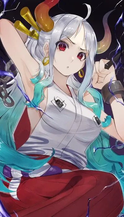 A powerful woman with horns and teal hair
