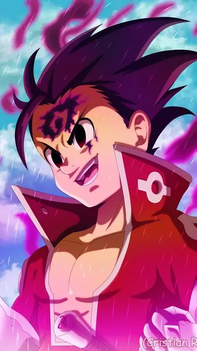A powerful young man with dark purple hair and red clothing
