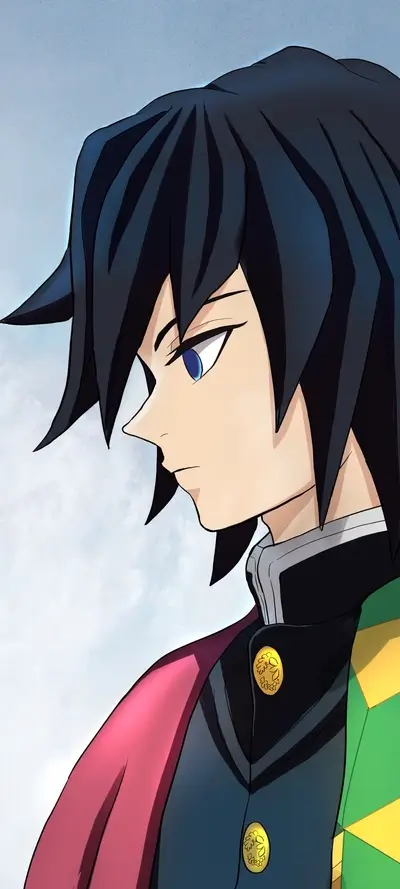 A profile view of a character with dark hair and blue eyes