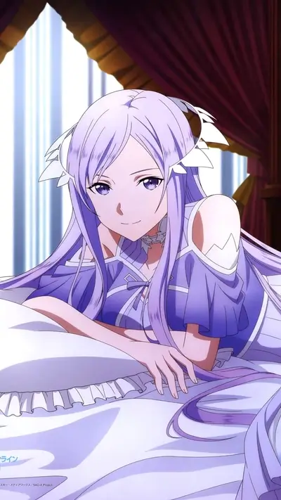 A purple-haired girl rests on a bed