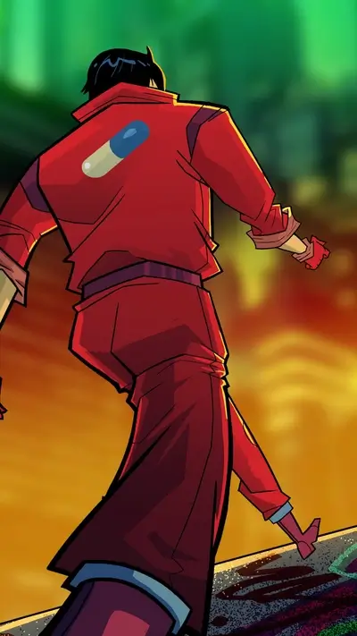 A red-clad figure walks away from a fiery landscape