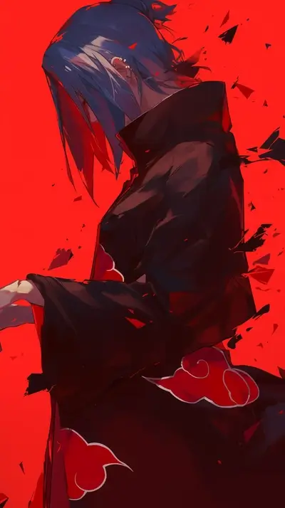 A red-clad figure with blue hair stands against a red background