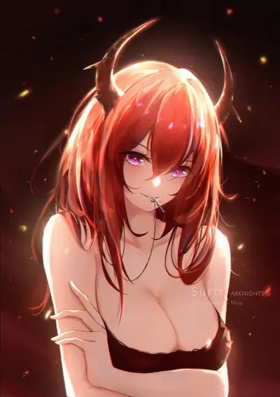 A red-haired woman with horns, a cross necklace, and a dark top