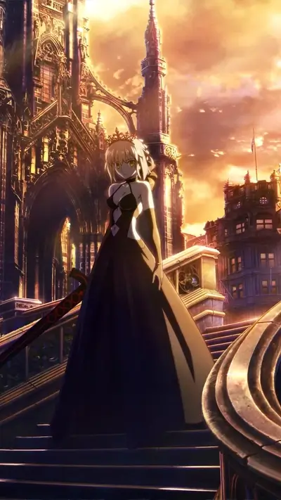A regal figure in a black gown stands on a grand staircase