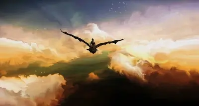 A rider on a dragon soars through a painted sky