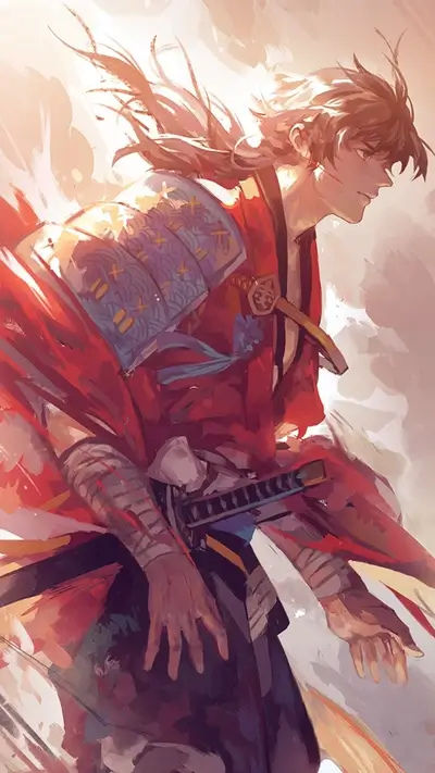 A samurai in red robes, windswept hair