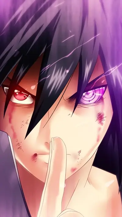 A scarred anime character with a Sharingan eye, finger on lips