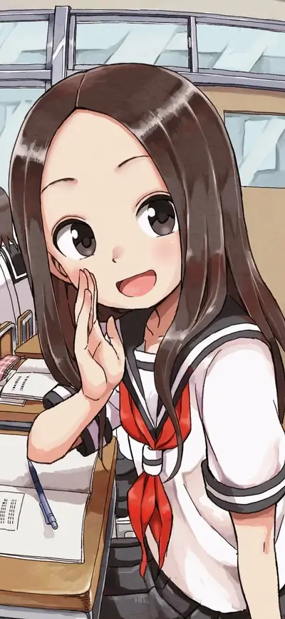 A schoolgirl sits at her desk, hand to her cheek