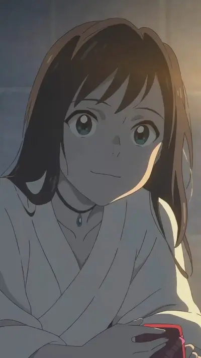 A serene girl in a white robe, holding a small object