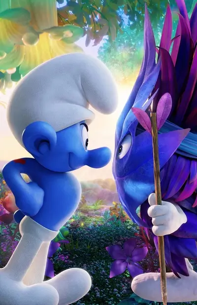 A Smurf with a strange creature face-to-face amidst a fantastical, colorful setting.