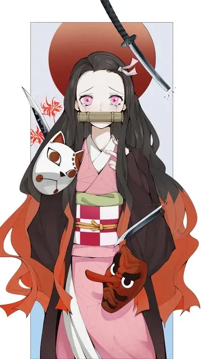 A sorrowful girl in a pink kimono, surrounded by broken swords and masks