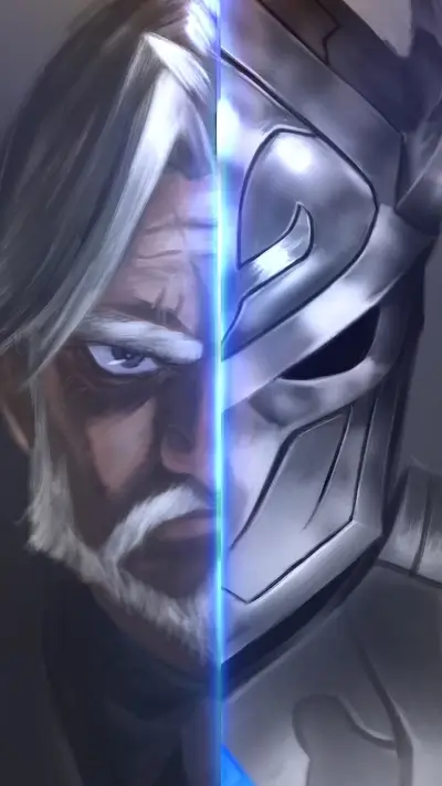 A split face, one half aged, the other a metallic helmet