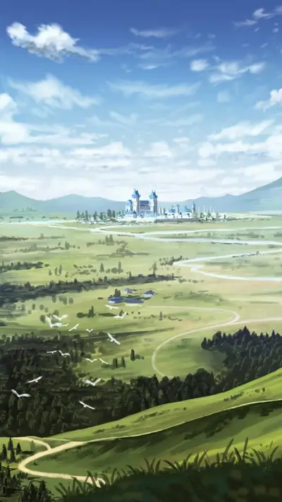A sprawling landscape with a distant castle, birds flying