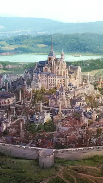 A sprawling medieval city with a large cathedral at its center