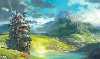 A steampunk-style house sits on a hill overlooking a lake and mountains