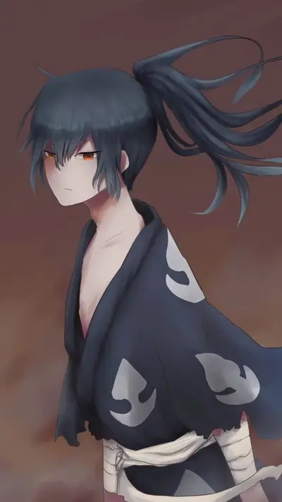 A stoic youth with dark hair and a dark blue kimono