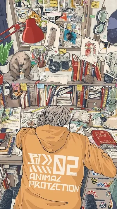 A student's cluttered desk, filled with books, drawings, and animals