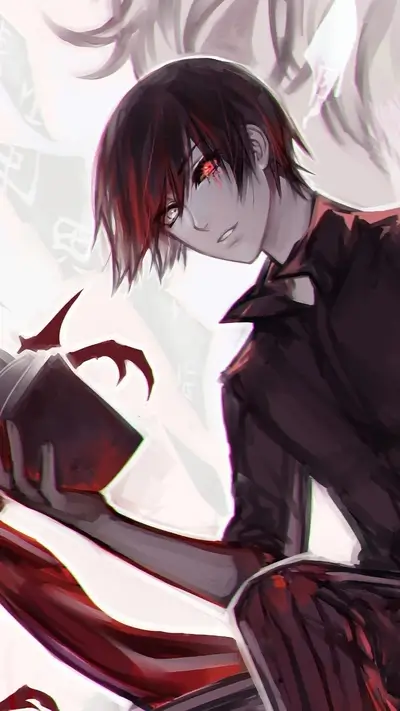 A stylish boy with red hair and one red eye holds a book
