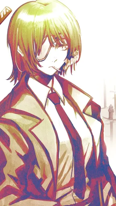 A stylish woman with a eyepatch smokes a cigarette