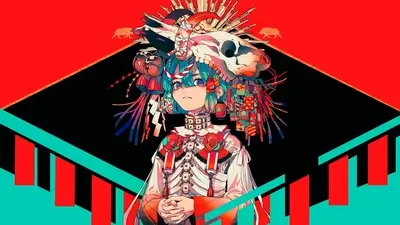 A stylized female figure adorned with ornate headdress and clothing
