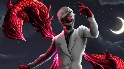 A stylized figure in a white suit, partially obscured by a red, dragon-like entity