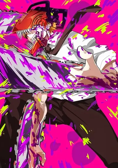 A stylized figure wielding a chainsaw, vibrant colors