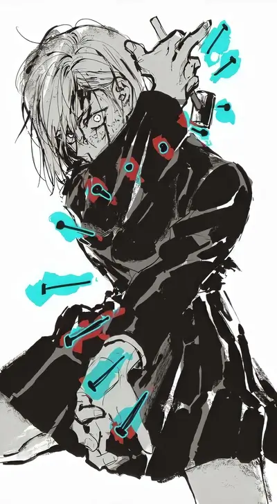 A stylized figure with nails piercing its body