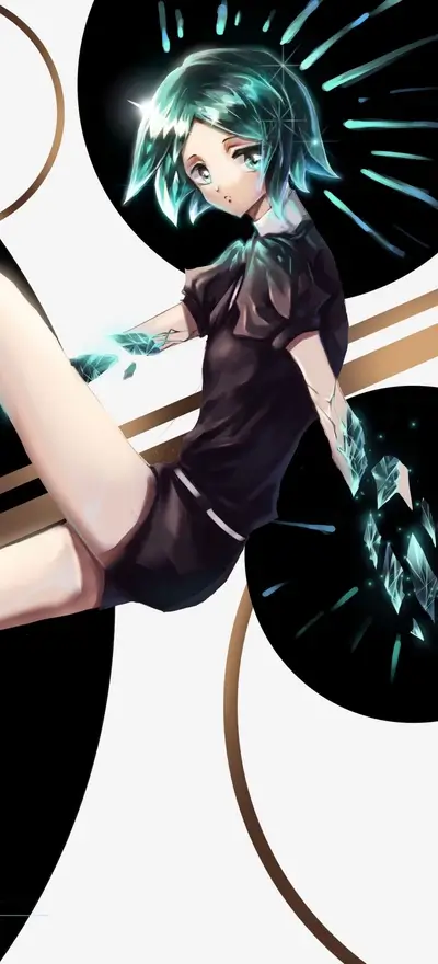 A stylized illustration of a girl with teal hair and glowing arms