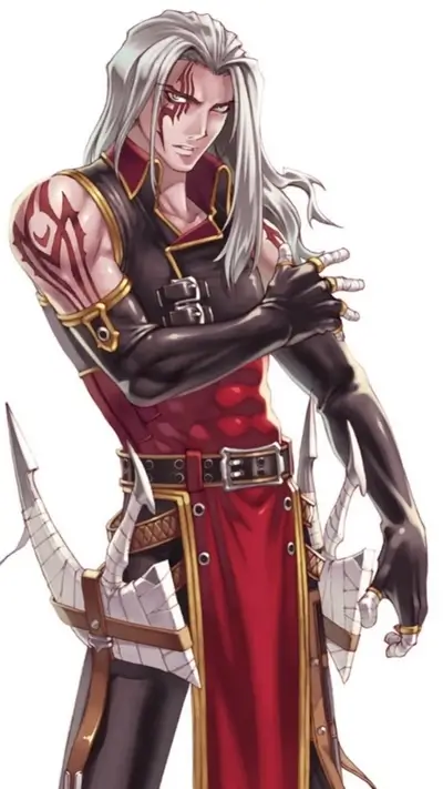 A stylized male character with long silver hair and red and black clothing