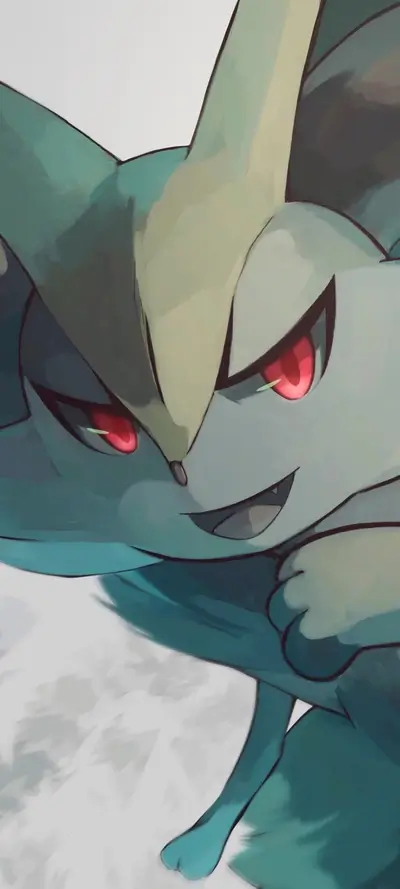 A stylized Pokémon character with glowing red eyes