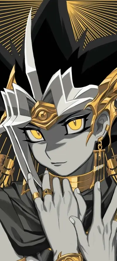 A stylized portrait of a character with golden accessories