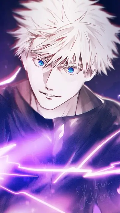 A stylized portrait of a young man with spiky white hair and bright blue eyes, surrounded by purple energy