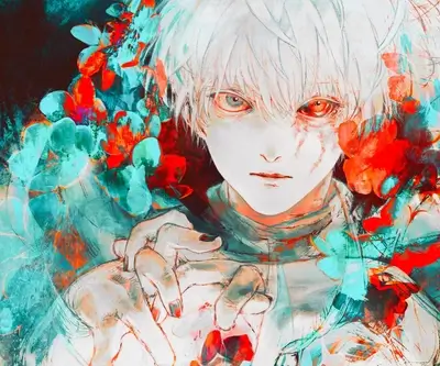 A stylized portrait, red and teal flowers surrounding a pale figure