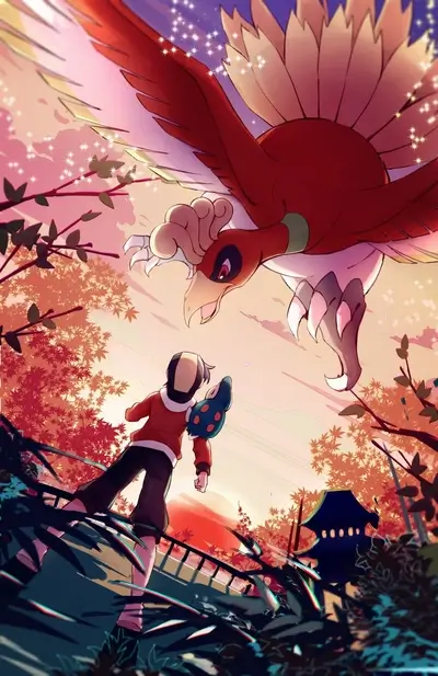 A trainer and their Pokémon face a majestic avian creature