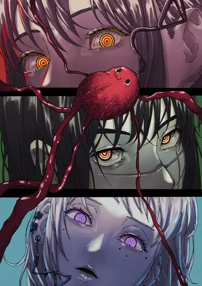 A triptych of faces with glowing, patterned eyes and a small, winged creature