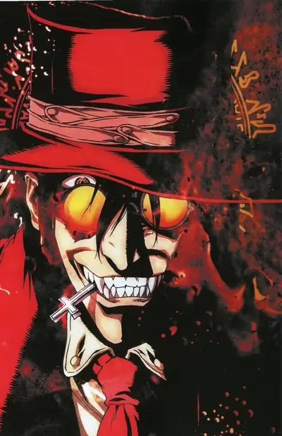 A vampire in a red top hat, grinning menacingly