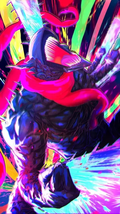 A vibrant abstract artwork featuring a powerful figure