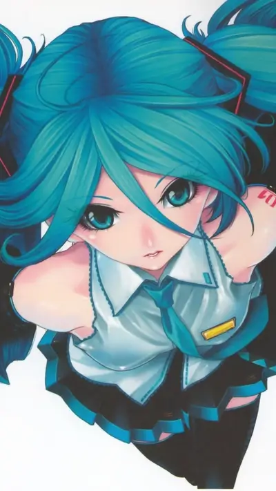 A vibrant anime girl with teal hair, in a cute outfit