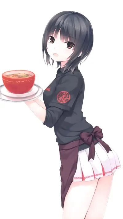 A waitress in a black uniform holds a bowl of soup
