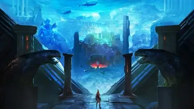 A warrior stands before an underwater ruin