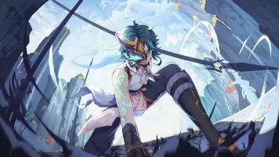 A warrior with teal hair and a mask wielding swords