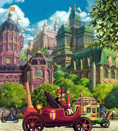 A whimsical city with unique architecture and vintage cars