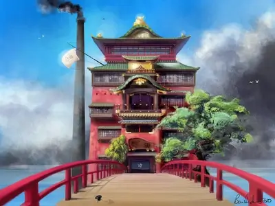 A whimsical Japanese-style building on a bridge