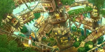 A whimsical treetop village with intricate pathways